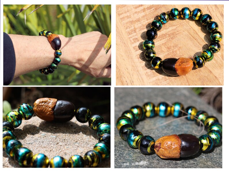 Glass beads with an impressive finish. Cosmic ROUND Black w Gold 10x14mm. Combined with Natural Bodhi Myanmar Eggplant Bodhi
