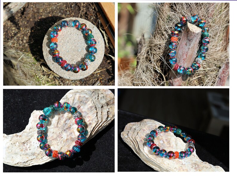 Cosmic Round bead Ø10mm Amethyst w Gold. Combined with 5x Polymer Clay Bead, Modern Rhinestone Decor. Total weight approx 38 gr.