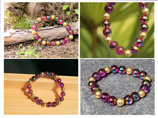 Natural Stone Beads Lava Rock Plated KC Gold bracelet with  Glass Bead Cube Amethyst 8x8mm beads. Total weight approx 29 gr. Glass beads with an impressive finish.