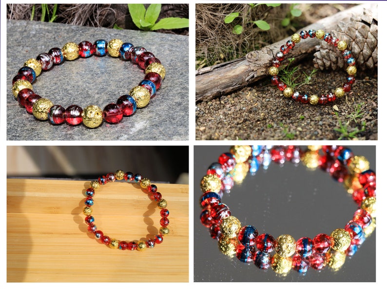 Cosmic Round bead Ø8mm Cherry w Silver. Combined with Natural Stone Beads Lava Rock Plated KC Gold beads.