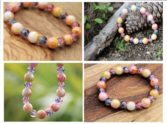 Pieces of beautiful mixed yellow/pink glass beads 10 mm and "White Snow Cracked Crystal Quartz" likely refers to a type of quartz crystal that has a white or clear color and contains cracks or fissures.