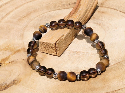 Natural Tiger Eye, Frosted Style Beads with Smoky Quartz Stones. And Tibetan alloy material in antique silver. Exquisite workmanship