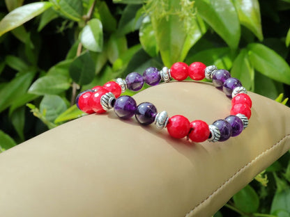 Natural Faceted Red Coral Stone bracelet with Amethyst and Tibetan Style Alloy Spacer Discs. Perfect handmade gifts