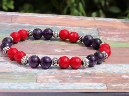Natural Faceted Red Coral Stone bracelet with Amethyst and Tibetan Style Alloy Spacer Discs. Perfect handmade gifts