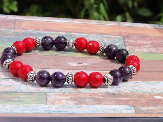 Natural Faceted Red Coral Stone bracelet with Amethyst and Tibetan Style Alloy Spacer Discs. Perfect handmade gifts