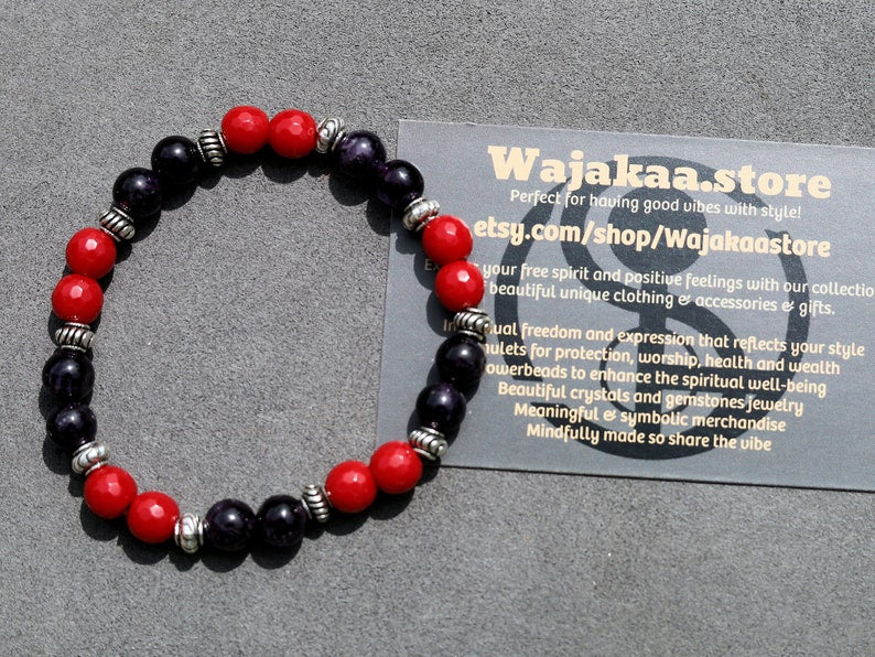 Natural Faceted Red Coral Stone bracelet with Amethyst and Tibetan Style Alloy Spacer Discs. Perfect handmade gifts