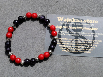 Natural Faceted Red Coral Stone bracelet with Amethyst and Tibetan Style Alloy Spacer Discs. Perfect handmade gifts