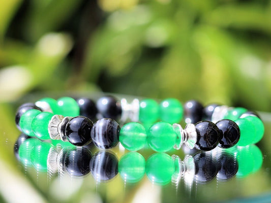 Green Malaysia Jades with Banded Agate beaded bracelet. Banded agate is often used to enhance grounding, stability, and emotional healing.