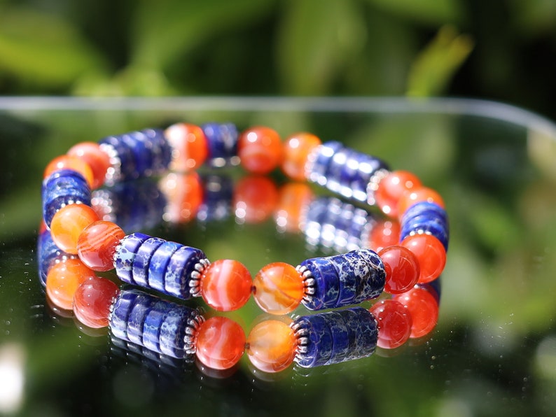 Sea Sediment Jasper Gemstone Heishi Spacer bracelet with Banded Agate black and orange beads. original, and different
