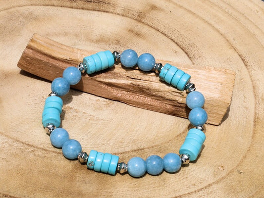 Stabilized Turquoise Gemstone Heishi Beads with Aquamarine Agate Stone Beads.  It is a design that stands out and captures attention