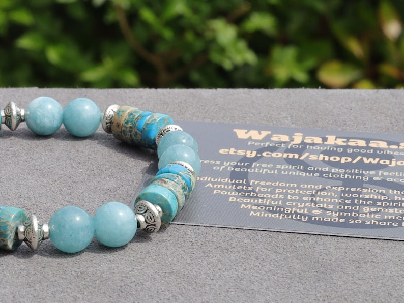 Unique Sea Sediment Jasper Gemstone Heishi Spacer bracelet with aquamarine beads.  a combination of imagination, experimentation