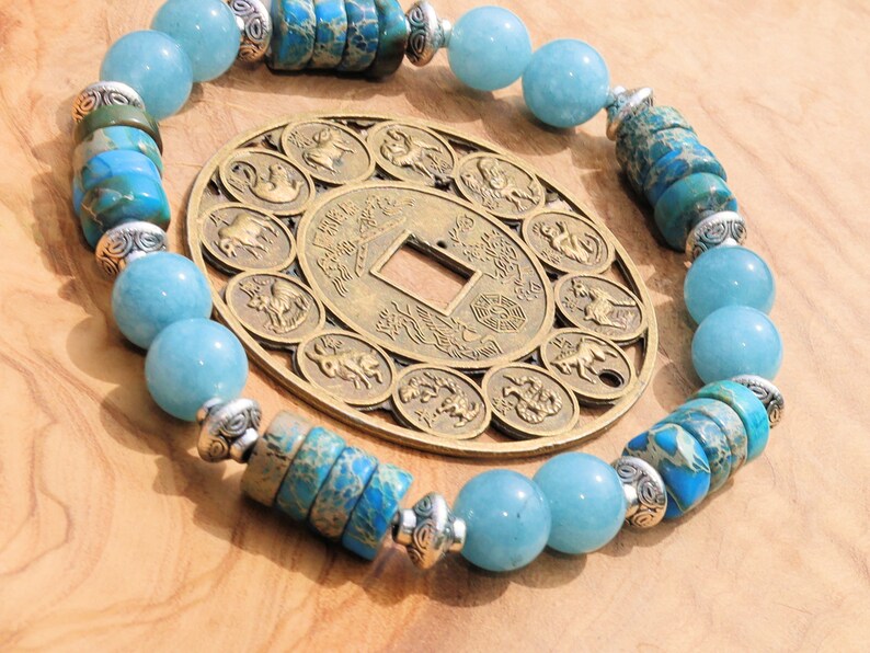 Unique Sea Sediment Jasper Gemstone Heishi Spacer bracelet with aquamarine beads.  a combination of imagination, experimentation