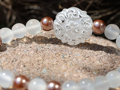 White Line Collection:  Selenite gypsum bracelet with Pearl Glass and A beautiful large acrylic bead in Lace look. marvelous