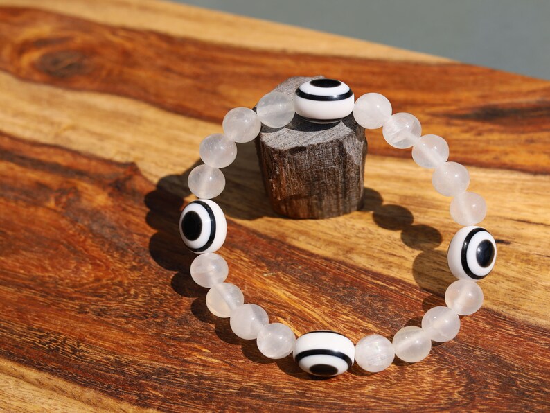 White Line Collection:  Selenite gypsum bracelet with Eye of Luck Pearls -Ethnic Pearls-Black and White. handmade!