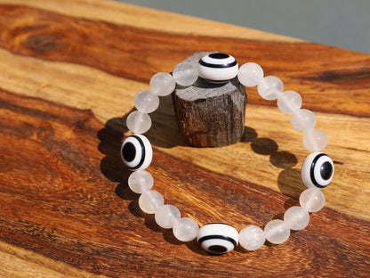 White Line Collection:  Selenite gypsum bracelet with Eye of Luck Pearls -Ethnic Pearls-Black and White. handmade!