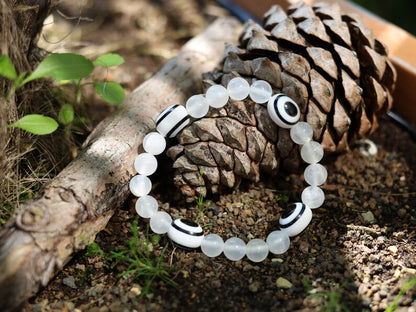 White Line Collection:  Selenite gypsum bracelet with Eye of Luck Pearls -Ethnic Pearls-Black and White. handmade!