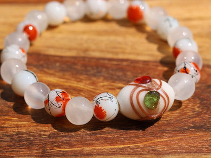 White Line Collection: Selenite gypsum bracelet with Painted Thread Mandarin beads and with beautiful white glass beads with a pattern.