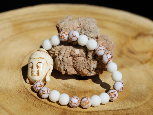 White Line Collection: White Onyx Agate bracelet with White Turquoise Gold Color Wire Pine beads. Beautiful large Buddha