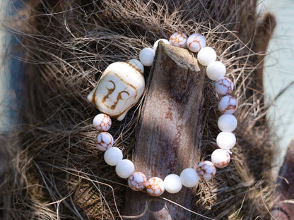 White Line Collection: White Onyx Agate bracelet with White Turquoise Gold Color Wire Pine beads. Beautiful large Buddha