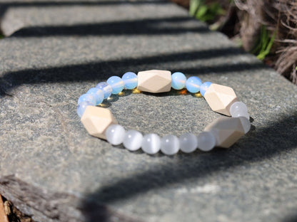 White Line Collection: Wooden Schima beads with facets with Opalite and Cats eye beads.  release emotional blockages