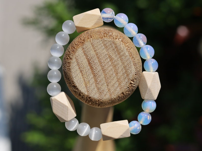 White Line Collection: Wooden Schima beads with facets with Opalite and Cats eye beads.  release emotional blockages