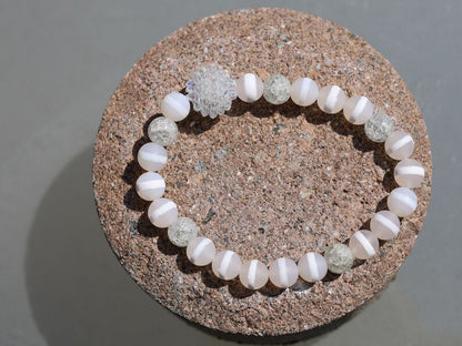 White Line Collection: White Snow Cracked Crystal Quartz with Dzi Agate Beads, Clear with White Stripe . soap bubble