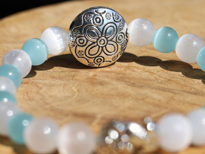 White Line Collection: Blue and white Cat's Eye Selenite bracelet with Tibetan Style Alloy Beads and a Pixiu