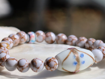White Line Collection: White Turquoise Gold Color Wire Pine beads. Large white processed glass beads 28 mm. connection to a higher power