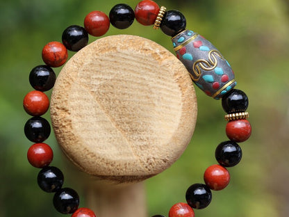 Beautiful & very special prayer bead from Nepal with Natural Black Agate and Red Rainbow Jasper Beads. Expressing your taste and style.