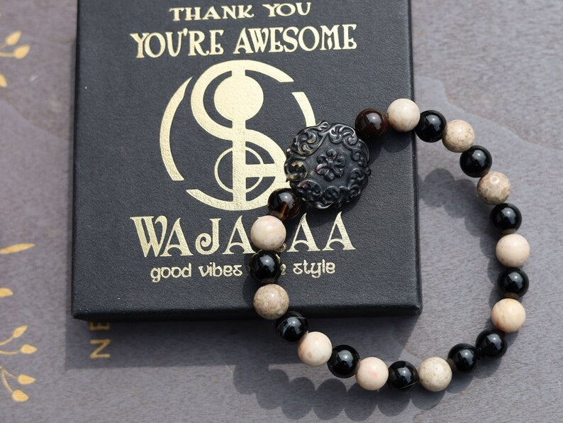 Maifanite/Maifan Stone Beaded bracelet with Black Banded Agate Onyx . With A beautiful large acrylic bead in 'Lace' look