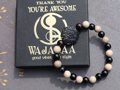 Maifanite/Maifan Stone Beaded bracelet with Black Banded Agate Onyx . With A beautiful large acrylic bead in 'Lace' look