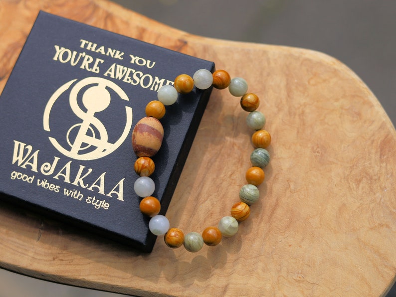 Sesame Jasper/Kiwi Jasper Beads bracelet with Wood lace Agate beads and egg shaped Terracotta bead. and is sure to make you smile