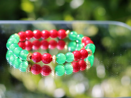 Natural Faceted Red Coral Stone bracelet with Green  Jade and Tibetan Style Alloy Spacer Discs.  Exquisite workmanship and great design!