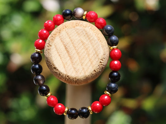 Natural Faceted Red Coral Stone bracelet with Natural Stone Beads Black Obsidian. helping to shield against negative energies