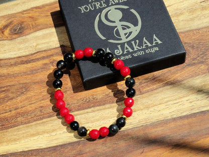 Natural Faceted Red Coral Stone bracelet with Natural Stone Beads Black Obsidian. helping to shield against negative energies