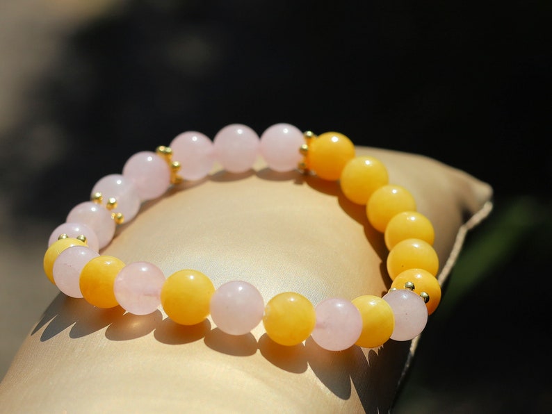Yellow  Chalcedony Jade combined with Rose quartz  and Antique Gold spacer beads. a symbol of happiness and success