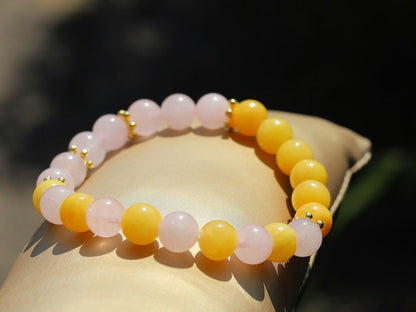 Yellow  Chalcedony Jade combined with Rose quartz  and Antique Gold spacer beads. a symbol of happiness and success