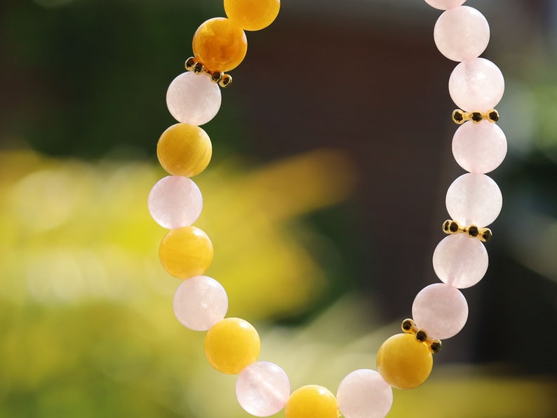 Yellow  Chalcedony Jade combined with Rose quartz  and Antique Gold spacer beads. a symbol of happiness and success