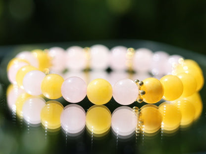 Yellow  Chalcedony Jade combined with Rose quartz  and Antique Gold spacer beads. a symbol of happiness and success