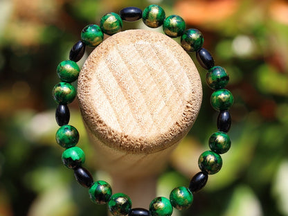 Natural Black Agate Barrel Beads 6mm x 9mm Oval Barrel Shape Stone. With Green Gold Jadeite beads.The art of expressing your taste and style