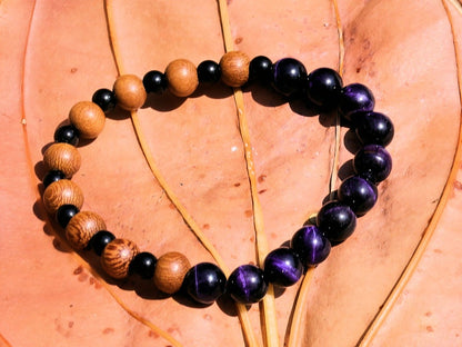 Unique Madre de Cacao Wood bracelet combined with Purple Tiger Eye, also known as Falcon's Eye or Hawk's Eye.