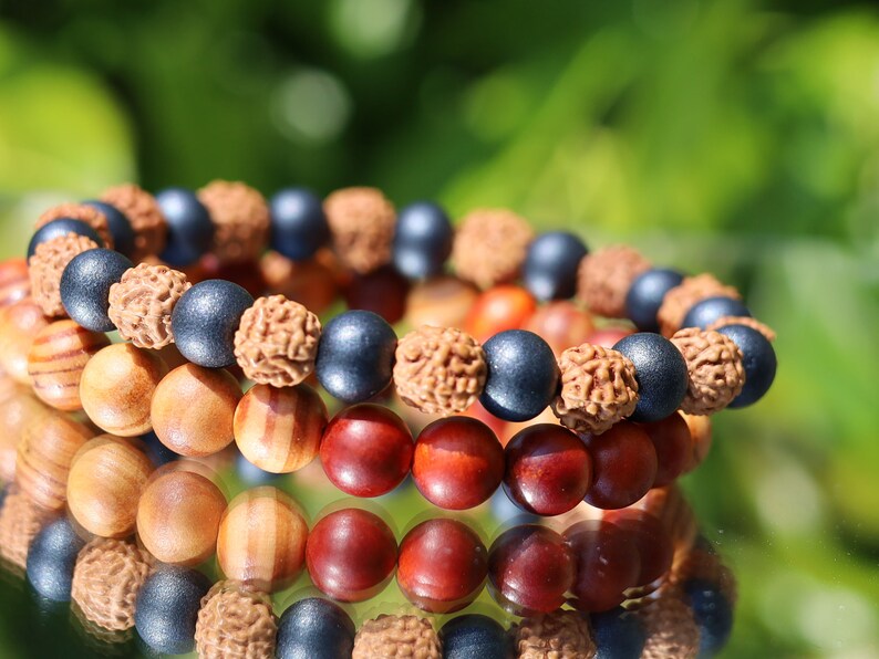 Wooden Bracelet Set. Sandalwood black and Rudraksha beads.  Raja Kayu matte beads with Sandalwood/red/brown.