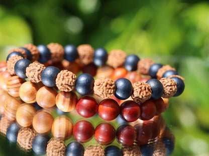 Wooden Bracelet Set. Sandalwood black and Rudraksha beads.  Raja Kayu matte beads with Sandalwood/red/brown.