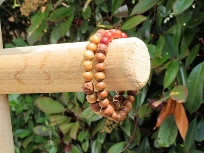 Wooden Bracelet set. Jackfruit beads with red Natural Wood and Polished Rudraksha beads. Madre De Cacao Wood and Palmwood and Coconut.