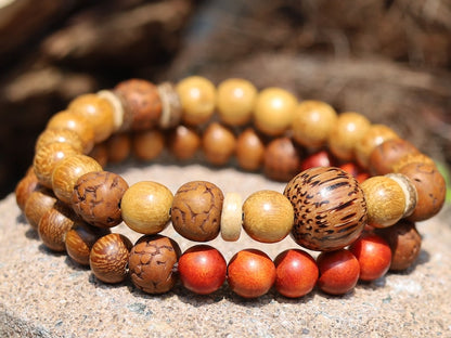 Wooden Bracelet set. Jackfruit beads with red Natural Wood and Polished Rudraksha beads. Madre De Cacao Wood and Palmwood and Coconut.