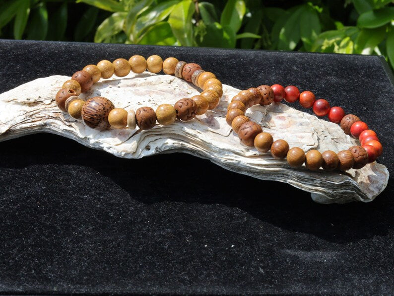 Wooden Bracelet set. Jackfruit beads with red Natural Wood and Polished Rudraksha beads. Madre De Cacao Wood and Palmwood and Coconut.