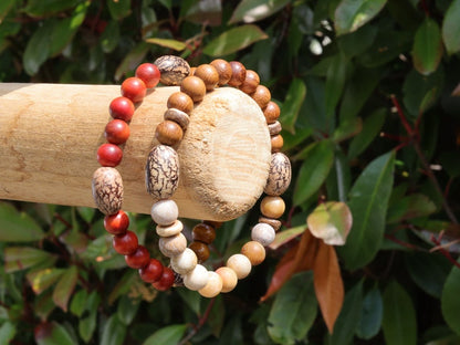 Wooden Bracelet set. Madre de Cacao Wood beads with Frosted matte jasper beads, palmwood, coconut and Palmerinha / Pacumbao seed beads.