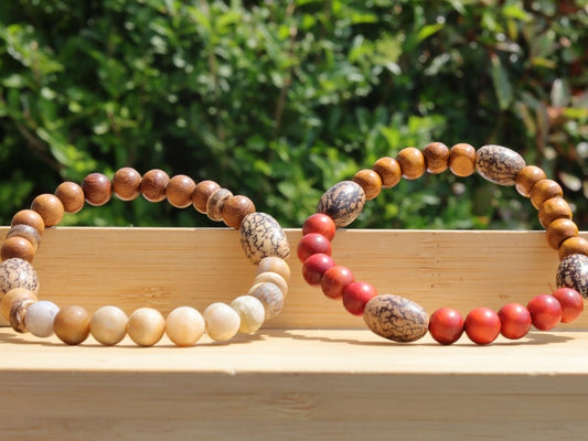 Wooden Bracelet set. Madre de Cacao Wood beads with Frosted matte jasper beads, palmwood, coconut and Palmerinha / Pacumbao seed beads.