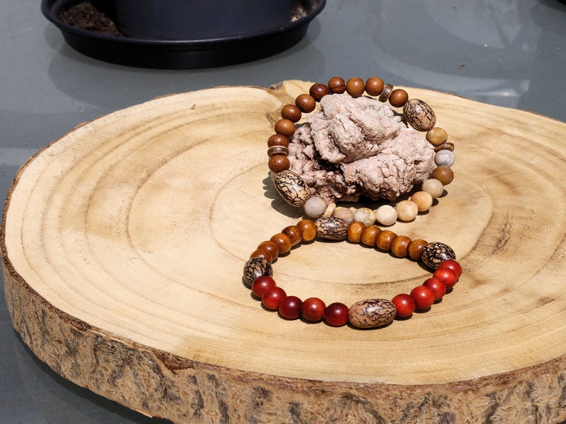 Wooden Bracelet set. Madre de Cacao Wood beads with Frosted matte jasper beads, palmwood, coconut and Palmerinha / Pacumbao seed beads.