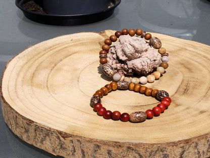 Wooden Bracelet set. Madre de Cacao Wood beads with Frosted matte jasper beads, palmwood, coconut and Palmerinha / Pacumbao seed beads.